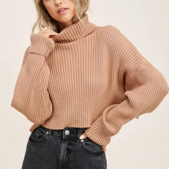 Cozy Cropped Turtleneck Sweater - Taupe - Picture 1 of 8